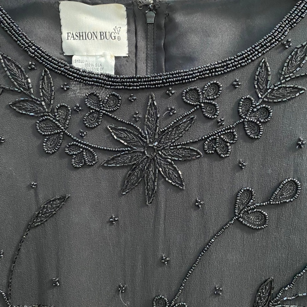 Vintage Fashion Bug Silk Beaded Blouse Floral Sequin Black‎ Size 20
